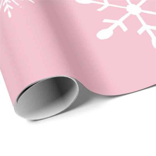 Roze met witte sneeuwvlokken | Kerstmis Cadeaupapier (Rol Hoek)