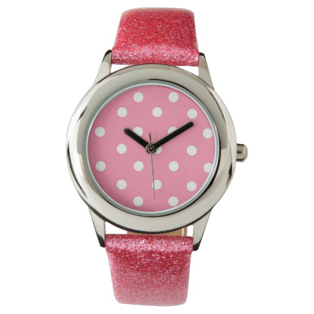 Roze met witte stippen horloge (Voorkant)