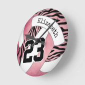 roze met zebrapatroon gepersonaliseerd volleybal ronde klok (Hoek)