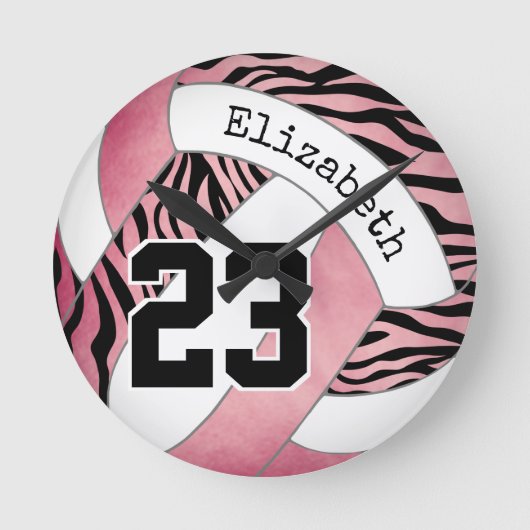 roze met zebrapatroon gepersonaliseerd volleybal ronde klok (Voorkant)