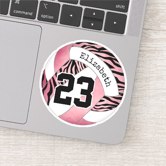 roze met zebrapatroon gepersonaliseerd volleybal sticker (Detail)