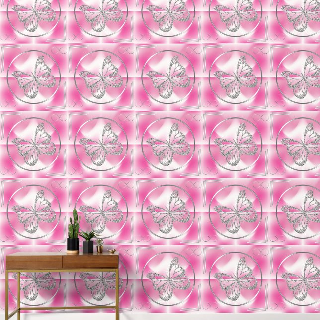 Roze met Zilveren Vlinder en Infinity Sign | Behang (Hal)