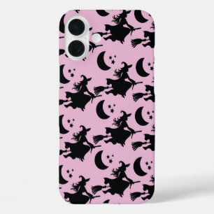 ROZE MET ZWARTE HEKSEN DIE OP BROOKSTICKS VLIEGEN iPhone 16 PLUS HOESJE