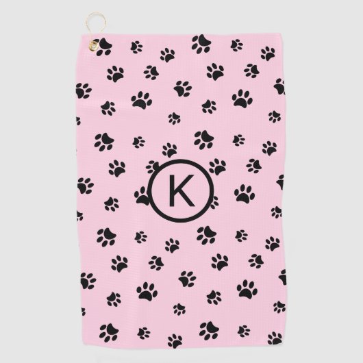 Roze met Zwarte Paw Prints Monogram Golfhanddoek (Voorkant)