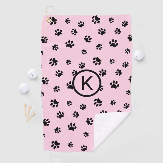 Roze met zwarte pootafdrukken monogram golfhanddoek (Insitu)