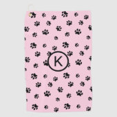 Roze met zwarte pootafdrukken monogram golfhanddoek (Voorkant)