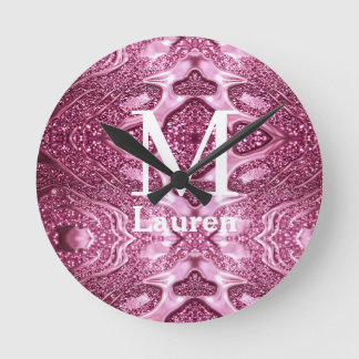 roze metalen abstract glanzend monogram naam meisj ronde klok