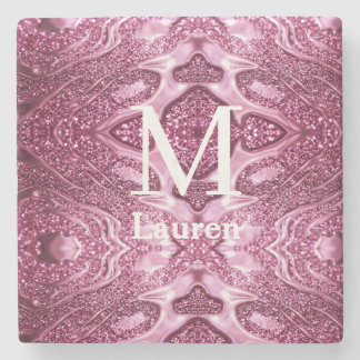 roze metalen abstract glanzend monogram naam meisj stenen onderzetter