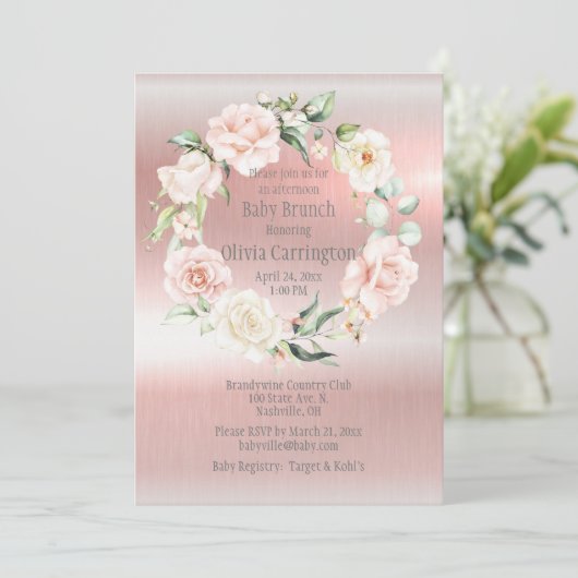 Roze metalen Baby shower Brunch Kaart (Staand voorkant)