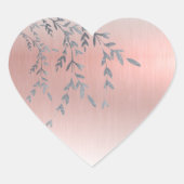 Roze metalen elegante glitterbladeren hart sticker (Voorkant)