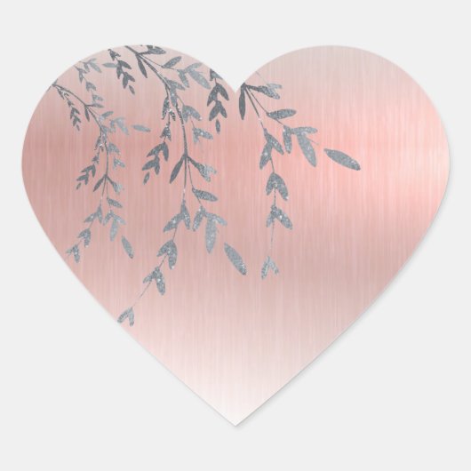 Roze metalen elegante glitterbladeren hart sticker (Voorkant)
