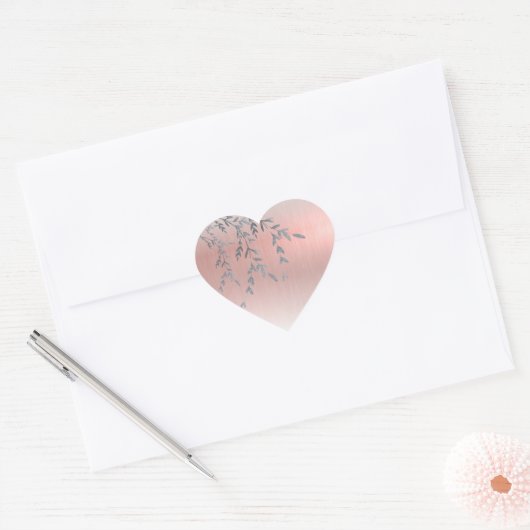 Roze metalen elegante glitterbladeren hart sticker (Envelop)