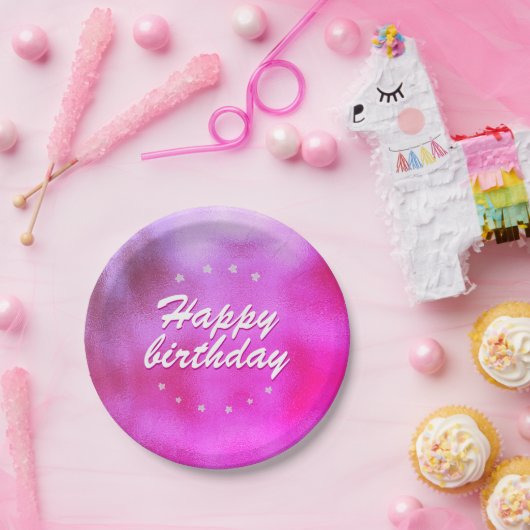 Roze metalen Folie Star Girly Happy Birthday Papieren Bordje (Feest)
