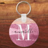 Roze metalen geborsteld glitter Sparkle Monogram Sleutelhanger (Voorkant)