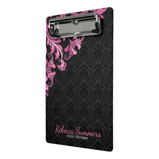 Roze metalen kant en zwarte damast mini klembord (Angled2)
