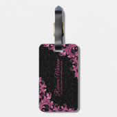 Roze Metalen Kant Zwart Damasks Bagagelabel (Achterkant verticaal)