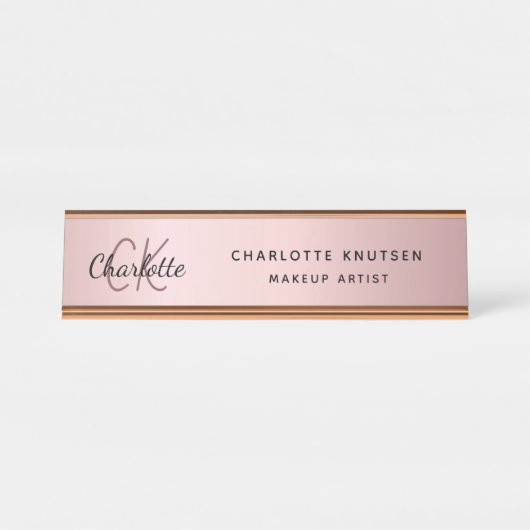 Roze metalen monogram moderne professional bureau naambordje (Voorkant)