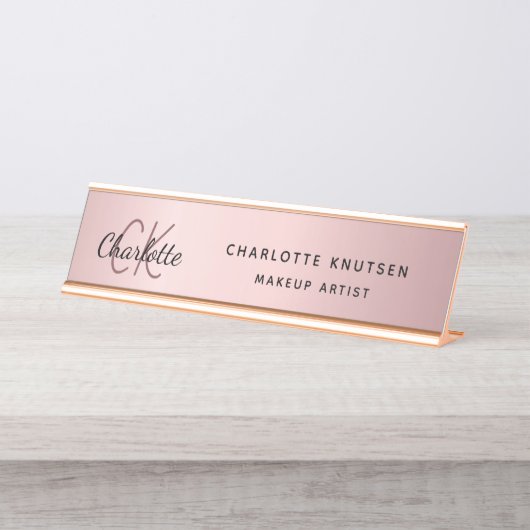 Roze metalen monogram moderne professional bureau naambordje (Voorkant)