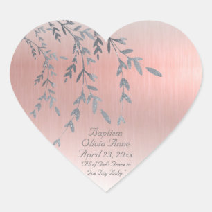 Roze Metallic Baby Girl Naam Datum Glitter Baptism Hart Sticker