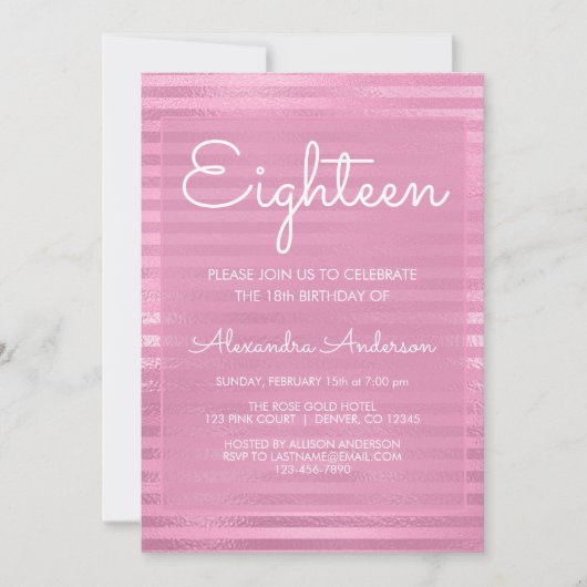 Roze Metallic Folie Girly Gestreept 18e Verjaardag Kaart (Voorkant)