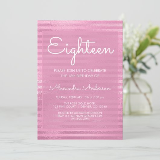 Roze Metallic Folie Girly Gestreept 18e Verjaardag Kaart (Staand voorkant)