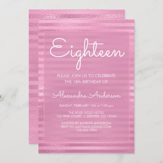 Roze Metallic Folie Girly Gestreept 18e Verjaardag Kaart (Voorkant / Achterkant)