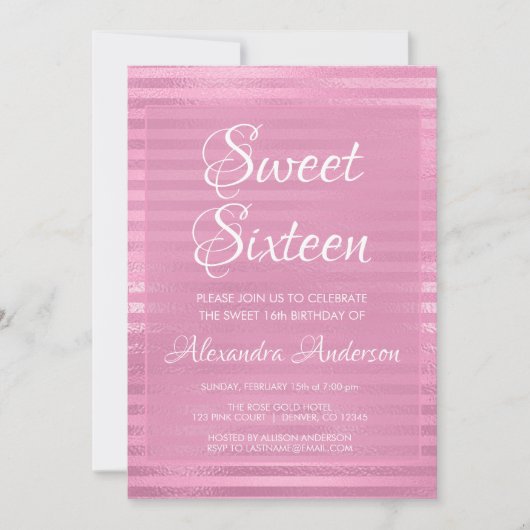 Roze Metallic Folie Girly Striped Sweet 16 Birthda Kaart (Voorkant)