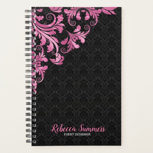 Roze Metallic Kant Zwart Damask Planner (Voorkant)