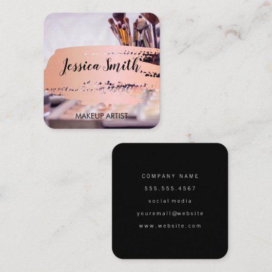 Roze Metallic Rose Goud Kleur Borstel | Visagist Vierkante Visitekaartje (Voorkant / Achterkant)