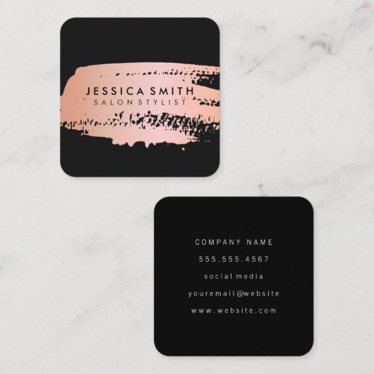 Roze Metallic Roze Goud en Zwarte Borstel Vierkante Visitekaartje (Voorkant / Achterkant)
