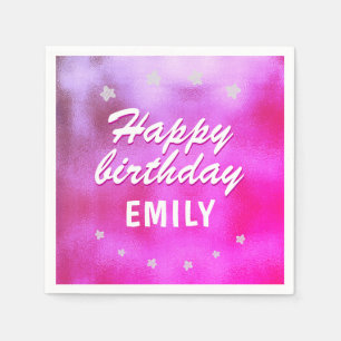 Roze Metallic Star Girly Happy Birthday Servet