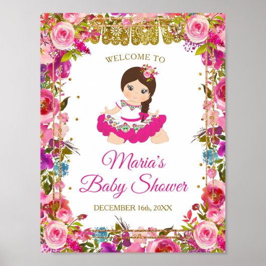 Roze Mexicaans meisje Fiesta Baby shower Gold Glit Poster (Voorkant)