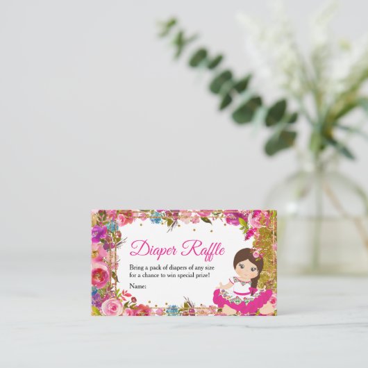 Roze Mexicaans Meisje Fiesta Baby Shower Luier Raf Informatiekaartje (Staand voorkant)
