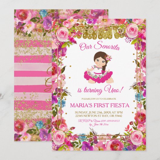 Roze Mexicaans meisje Fiesta draait om de geboorte Kaart (Voorkant / Achterkant)