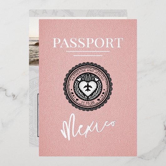 Roze Mexicaans Paspoort Huwelijk Folie Uitnodiging (Voorkant / Achterkant)