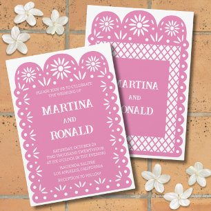 Roze Mexicaanse papel picado trouwkaart Aankondiging