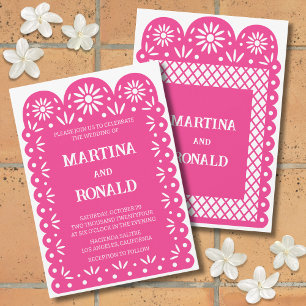 Roze Mexicaanse papel picado trouwkaart Aankondiging