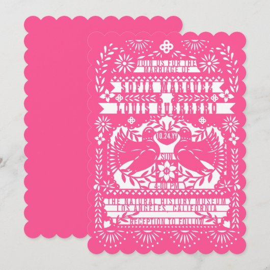 Roze Mexicaanse staart Doves Papel Picado Weddensc Kaart (Voorkant / Achterkant)