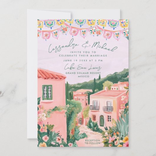 Roze Mexicaanse stad Destination Wedding Kaart (Voorkant)