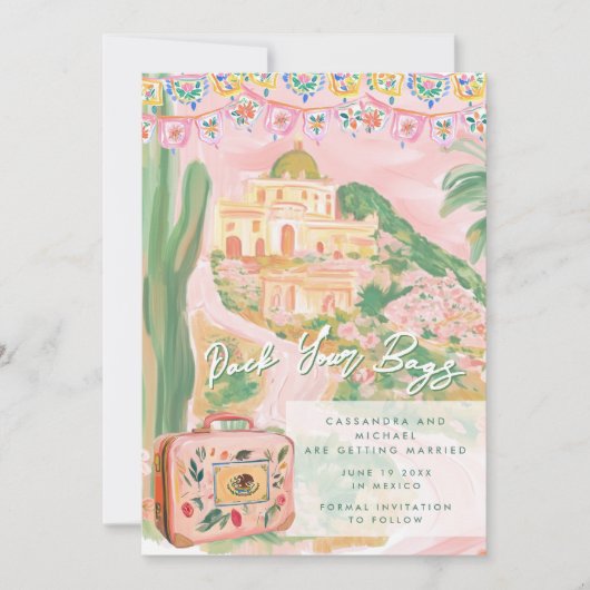 Roze Mexicaanse stad Destination Wedding Save The Date (Voorkant)