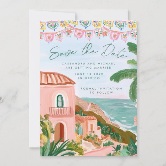 Roze Mexicaanse strandstad bestemming bruiloft Save The Date (Voorkant)