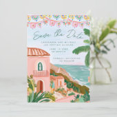 Roze Mexicaanse strandstad bestemming bruiloft Save The Date (Staand voorkant)