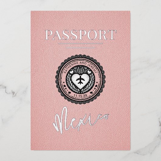 Roze Mexico Passport bruiloft Folie Uitnodiging (Voorkant)