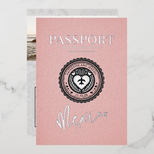 Roze Mexico Passport bruiloft Folie Uitnodiging (Voorkant / Achterkant)