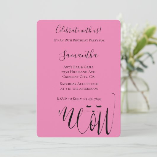 Roze Miauw Cat Verjaardag Kaart (Staand voorkant)