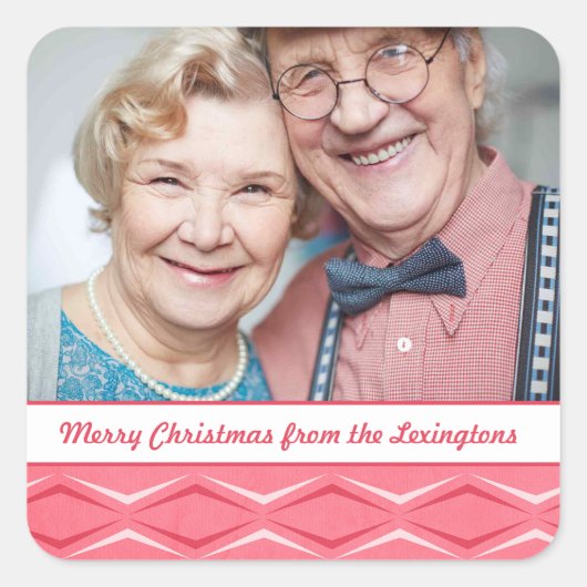 Roze Mid Century Moderne Kerstvakantie Foto Vierkante Sticker (Voorkant)