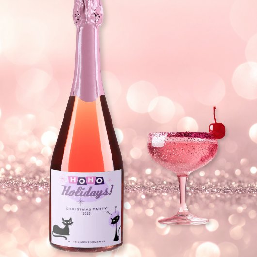Roze Midcentury Modern Kerstfeestje Sparkling Wijnetiket
