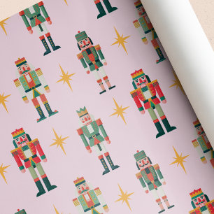 Roze Midcentury Retro Notenkraker Kerstmis Cadeaupapier