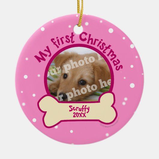 Roze mijn eerste Kerstmis persoonlijke foto-hond Keramisch Ornament (Voorkant)