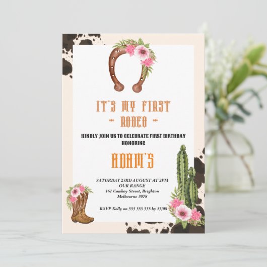 Roze Mijn eerste Rodeo Cowboy Kaart (Staand voorkant)